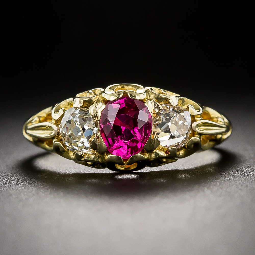 Antique Pink Sapphire and Diamond English Carved Ring