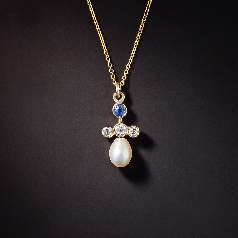 Antique Sapphire, Diamond, and Pearl Pendant, c. 1900