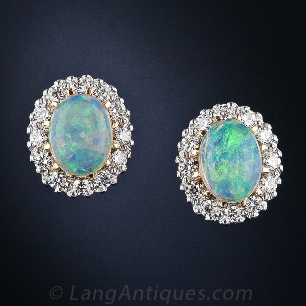 Antique Style 18k Opal and Diamond Cluster Earrings