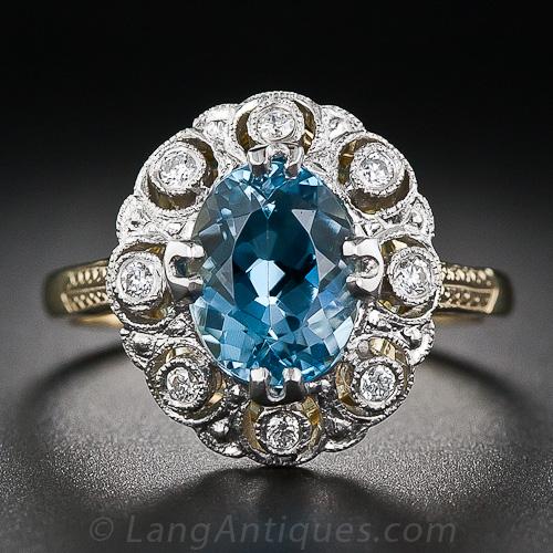 Antique Style Aquamarine and Diamond Ring