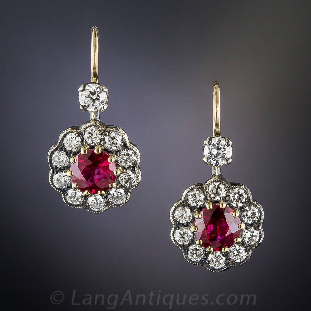 Antique Style Ruby and Diamond Drop Earrings