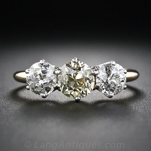 Antique Three-Stone Yellow and White Diamond Ring