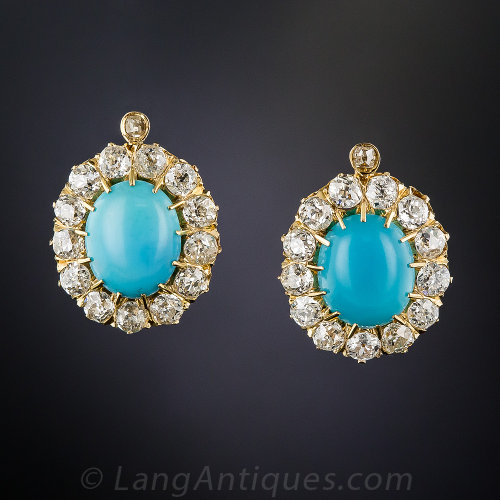 Antique Turquoise And Diamond Halo Earrings