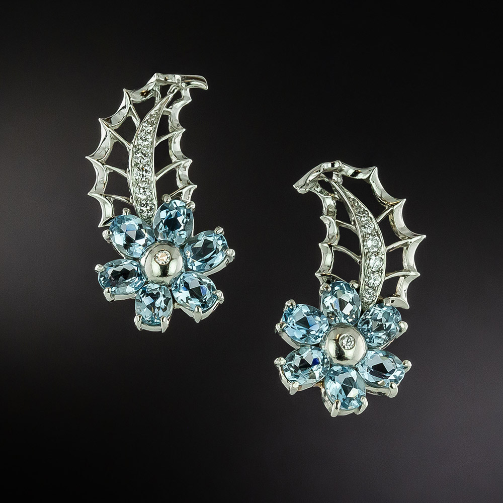 Aquamarine Flower and Diamond Earrings