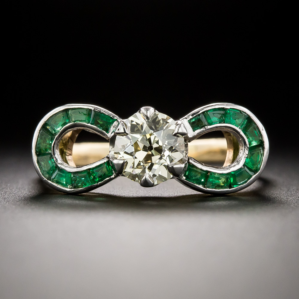 9k gold emerald and diamond bow sold ring