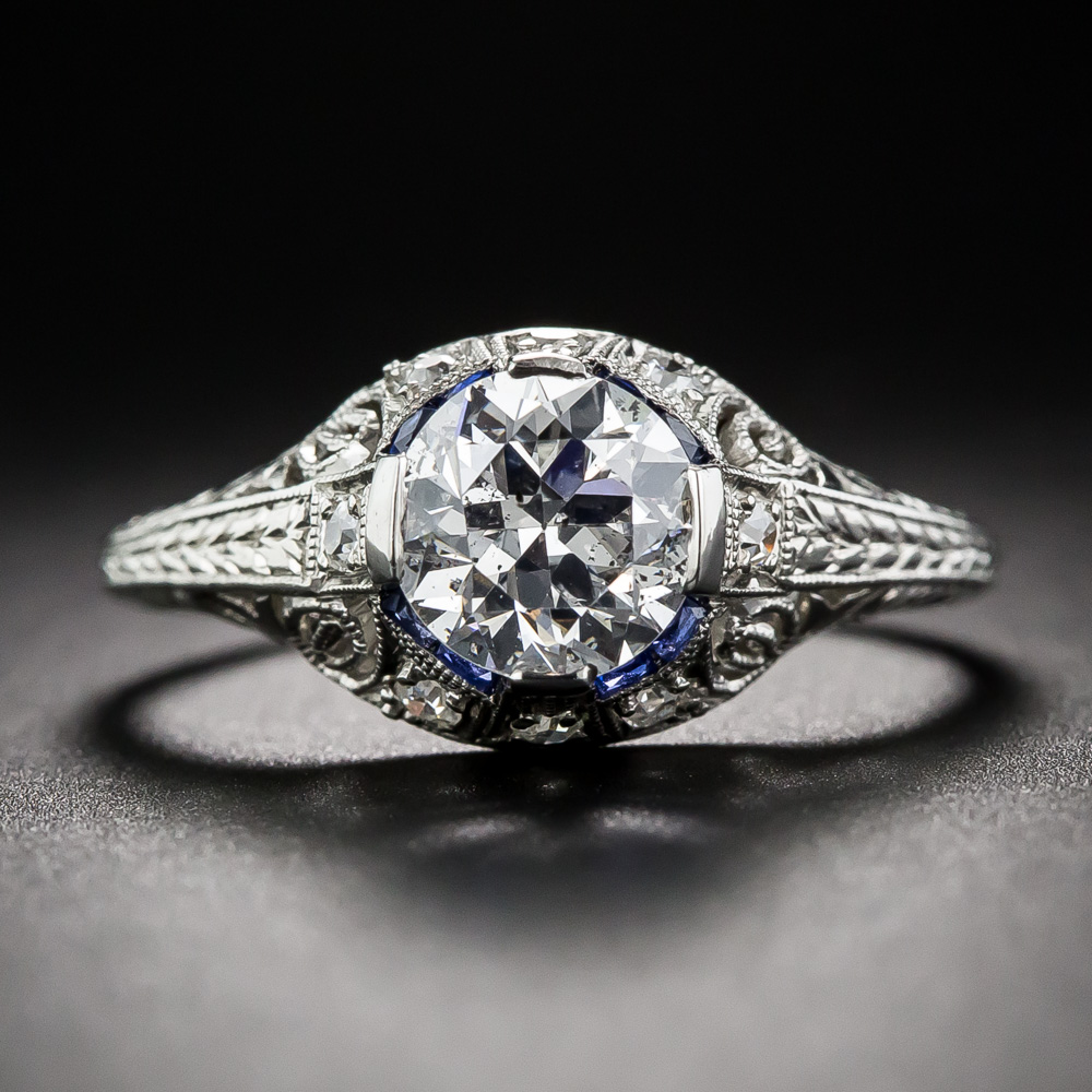 art deco 1 06 carat diamond and sapphire engagement ring gia f i1 6 10 1 14056