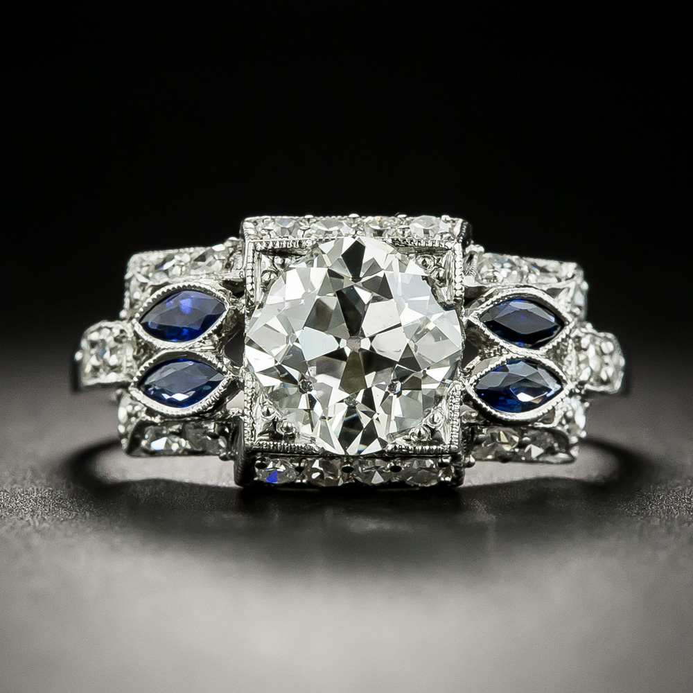 Art Deco 1.64 Carat Diamond and Sapphire Engagement Ring - GIA K SI1