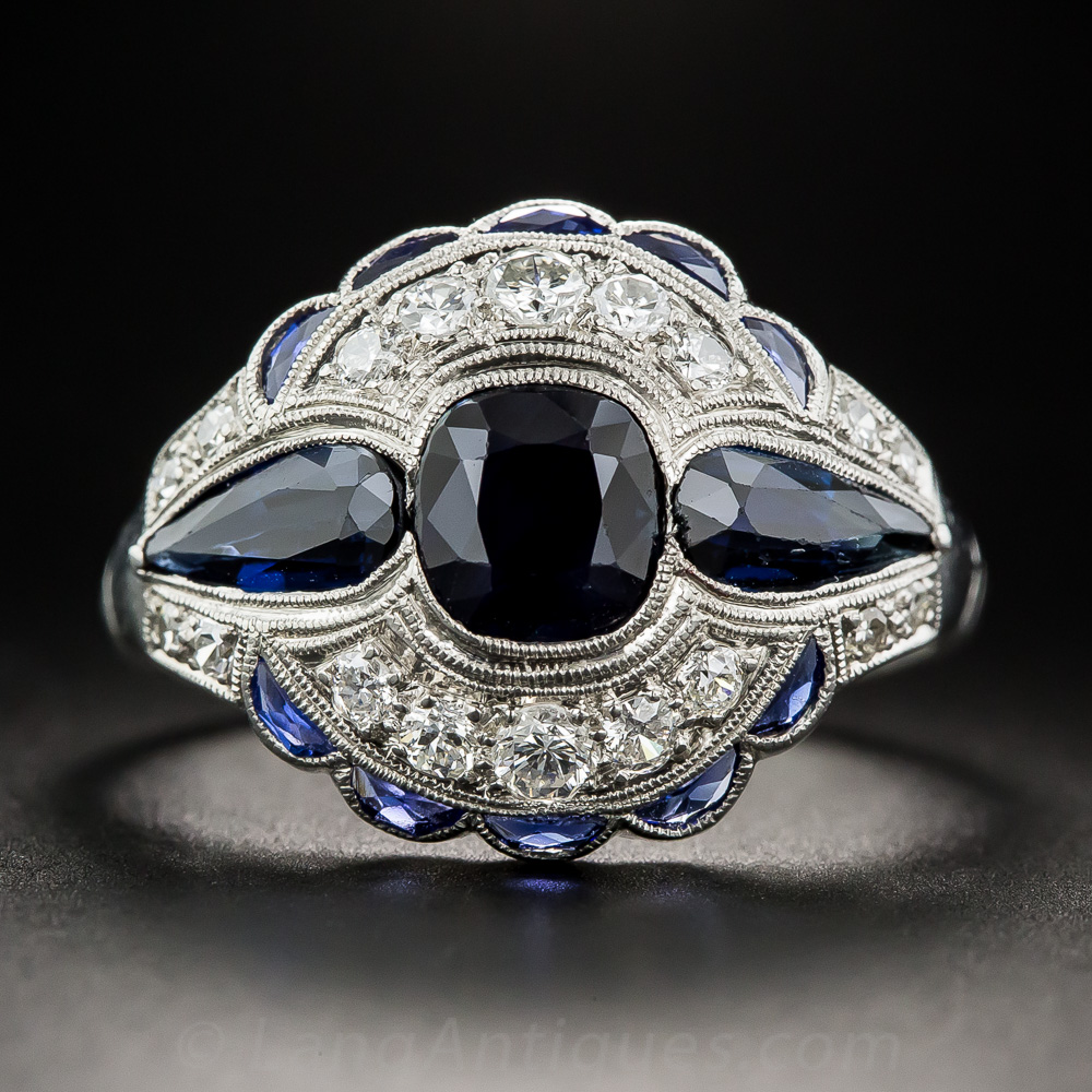 Art Deco 1.75 Carat Sapphire and Diamond Ring, Size 9 1/2