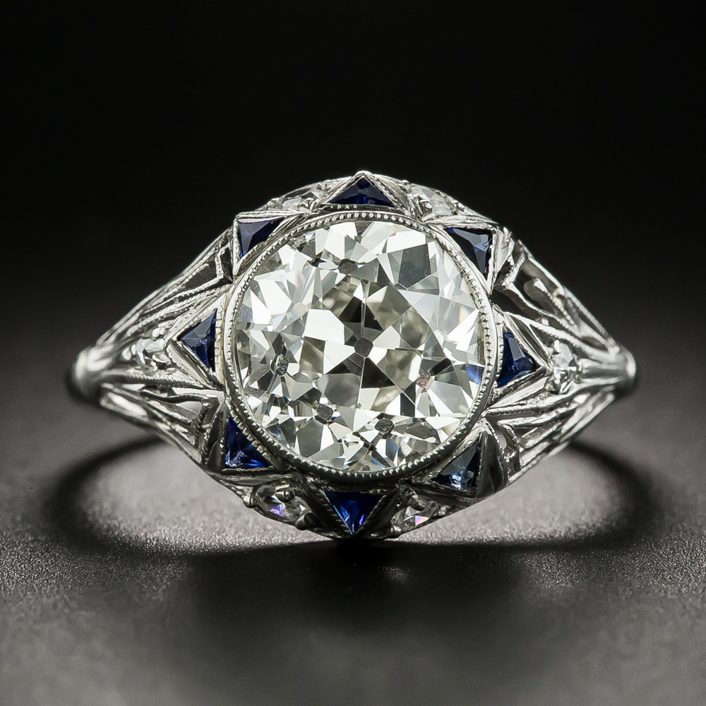 Art Deco 2.42 Carat Diamond and Calibre Sapphire Engagement Ring
