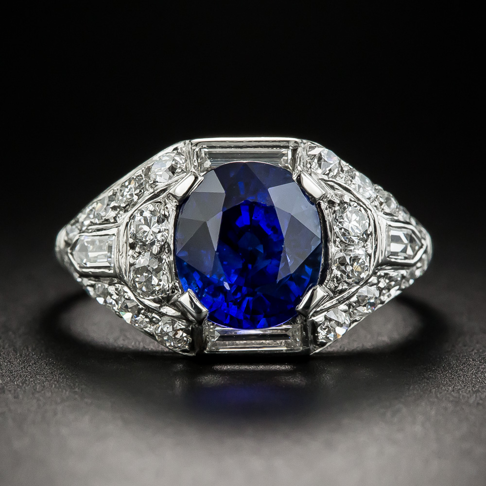 Art Deco 3.00 Carat Sapphire Platinum Diamond Ring - GIA