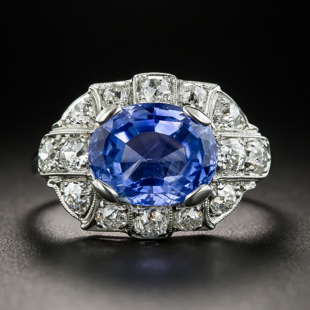 Art Deco 3.79 Carat No-Heat Ceylon Sapphire Diamond Platinum Ring