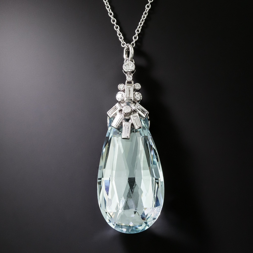 Art Deco Carat Aquamarine Briolette and Diamond Necklace