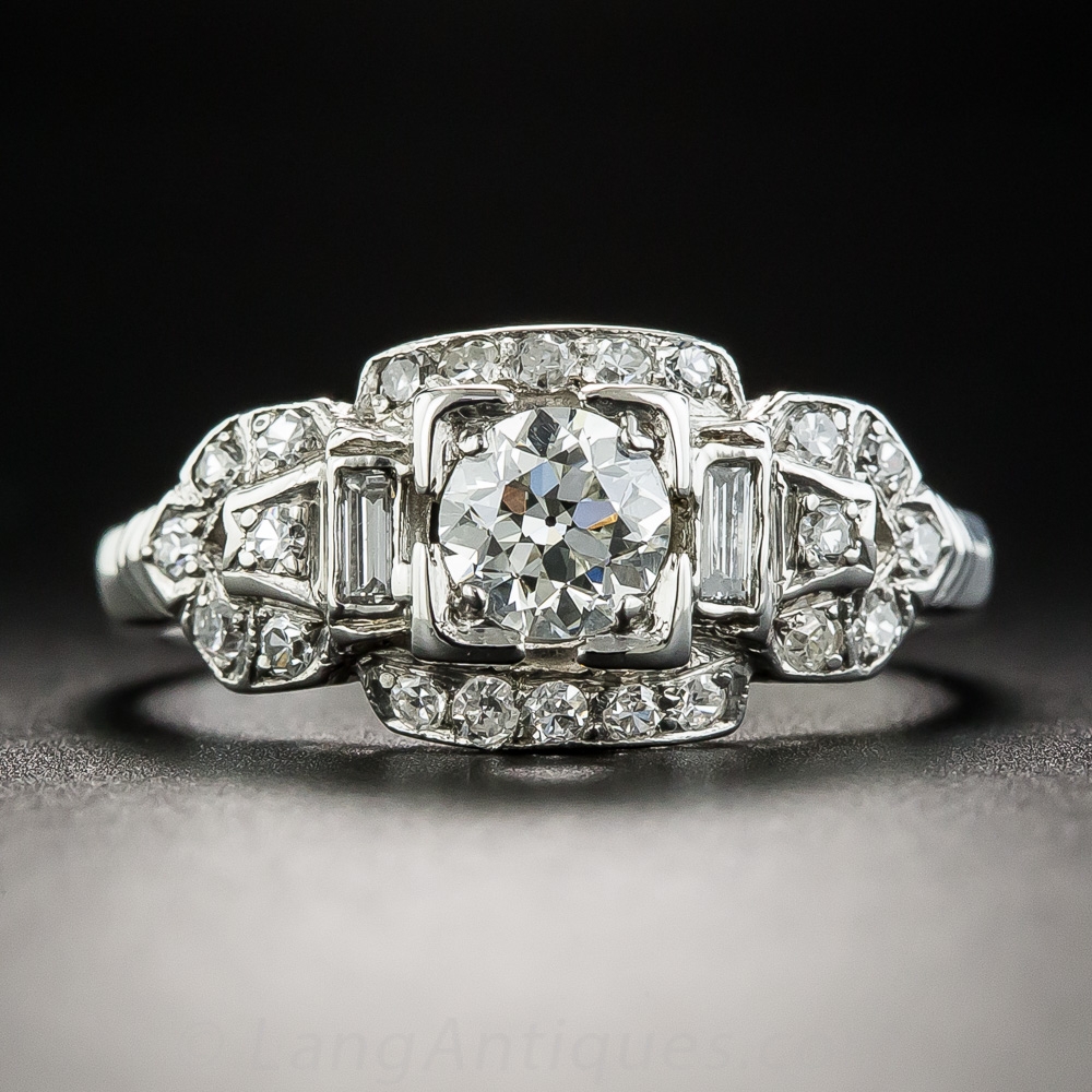 Art Deco .46 Carat Platinum Diamond Engagement Ring - GIA J VS1