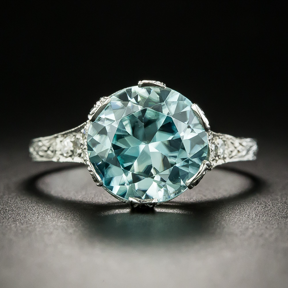 Art Deco 5.55 Carat Blue Zircon and Diamond Ring