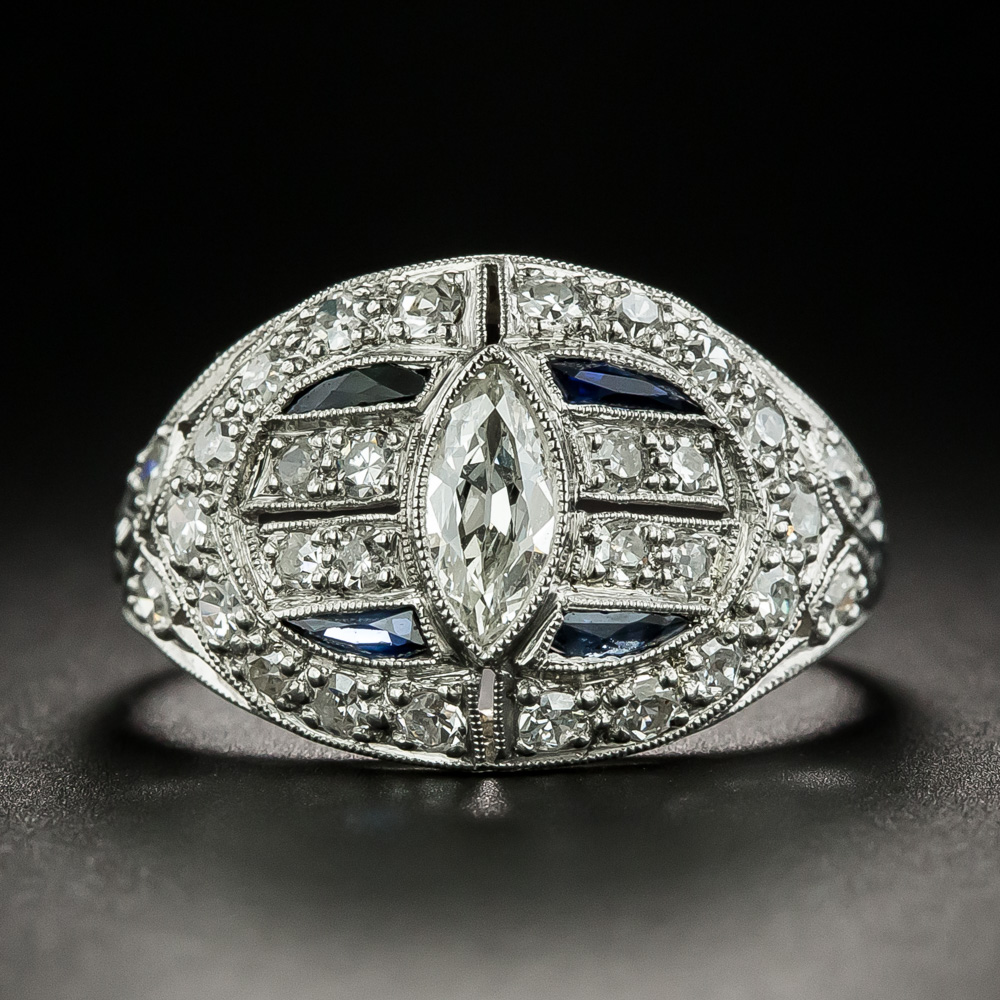 Art Deco .60 Carat Marquise-Cut Diamond and Calibre Sapphire Ring