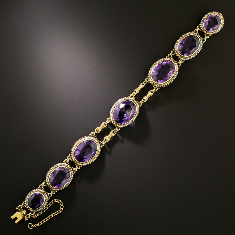 Bracelet Vintage Argent Charnières Améthyste Strass Perles - Occasion