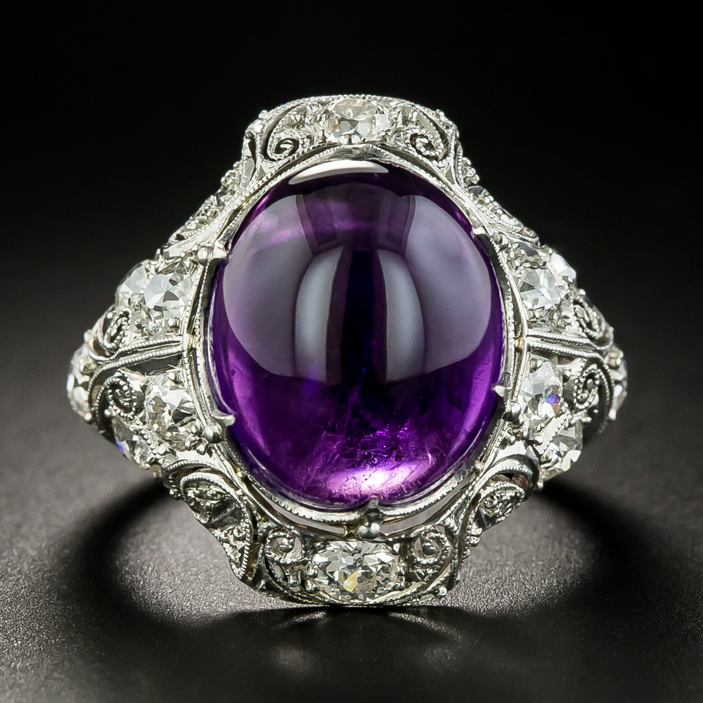 Art Deco Amethyst Cabochon and Diamond Ring