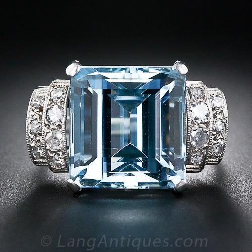 Art Deco Aqua and Diamond Ring