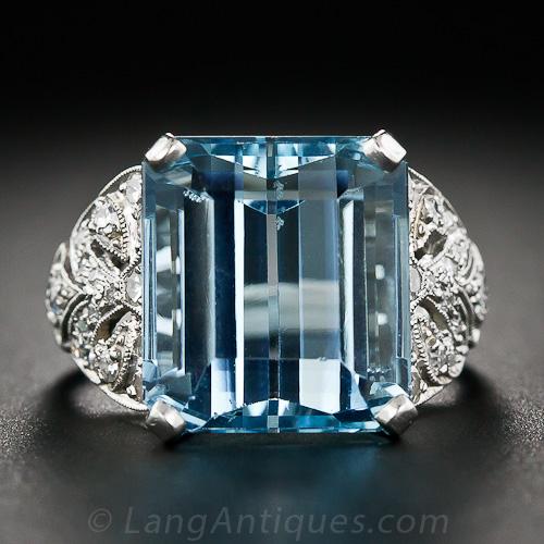 Art Deco Aquamarine And Diamond Ring In Platinum