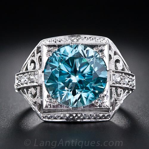 Art Deco Blue Zircon and Diamond Ring