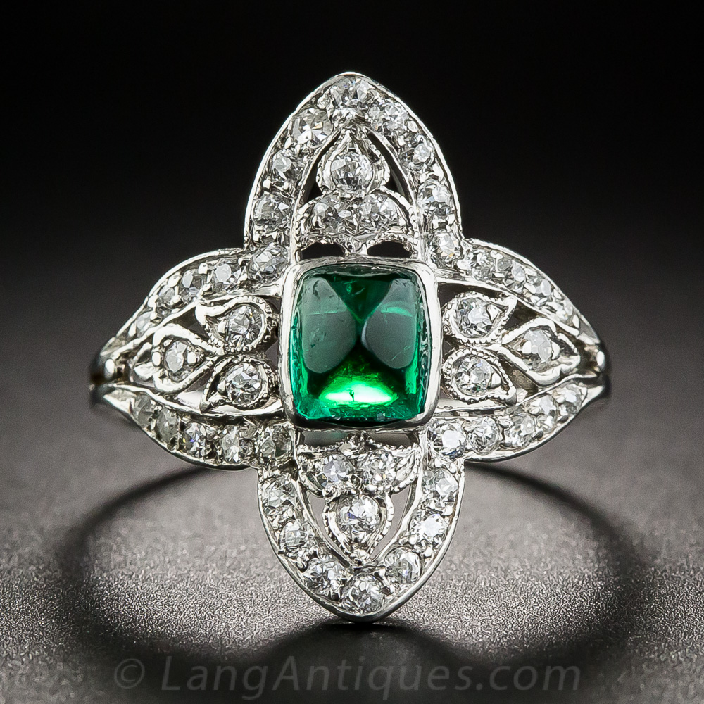 Art Deco Cabochon Emerald Platinum and Diamond Ring