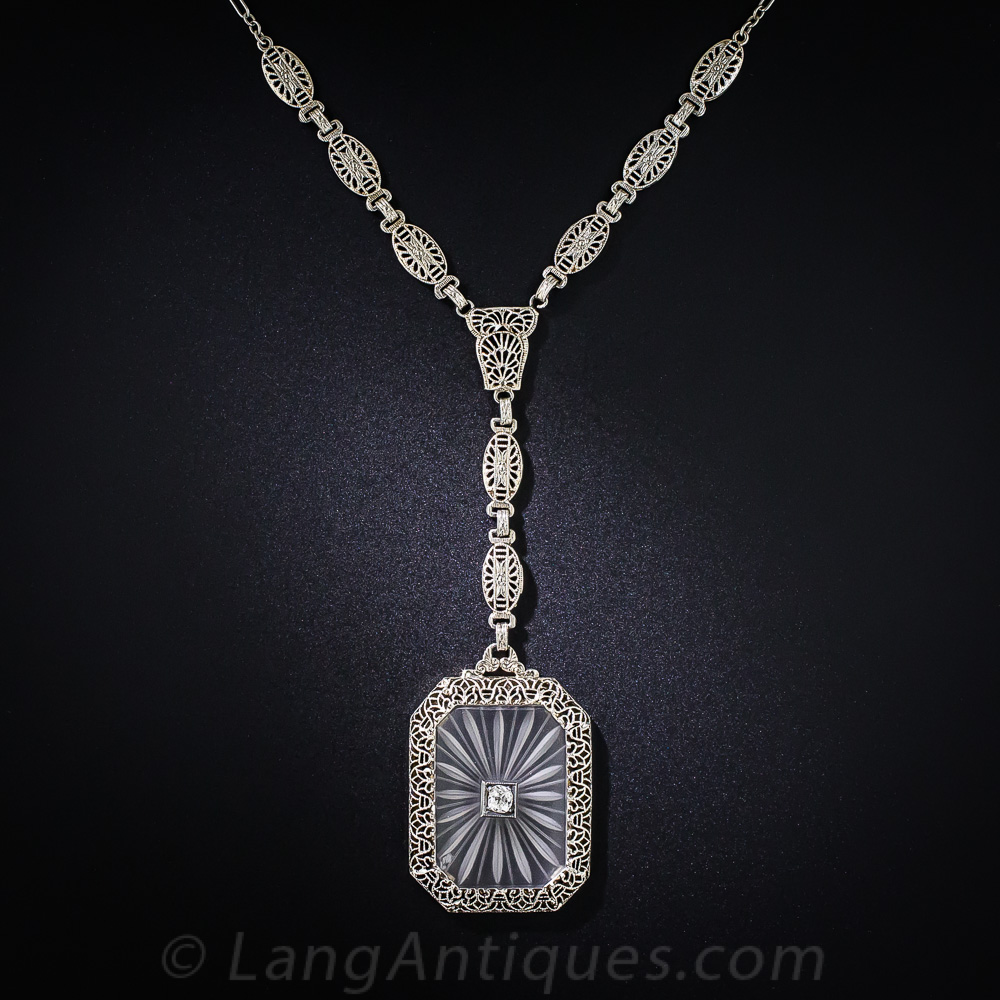 Art Deco Pendant. Camphor Glass, Diamond and White Gold Filigree Necklace.  Lacey Floral Filigree with Milgrain Detail, Circa 1920s. - Addy's Vintage