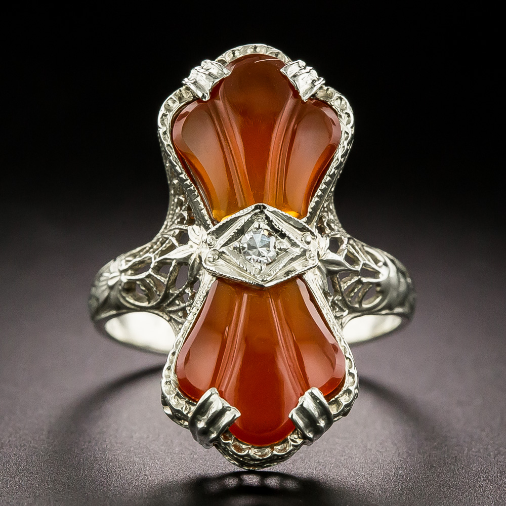 Art Deco retailer Style Red Carnelian Filigree Ring Sapphire Accents Sterling Silver