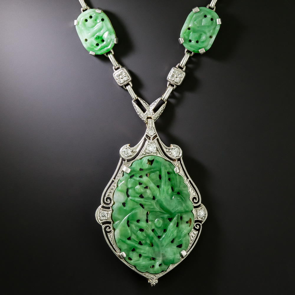 Art Deco Carved Jade And Diamond Necklace/Brooch