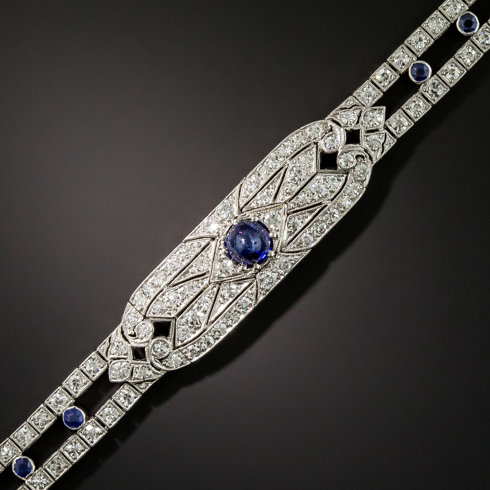 Art Deco Diamond and .88 Carat Round Cabochon Sapphire Bracelet