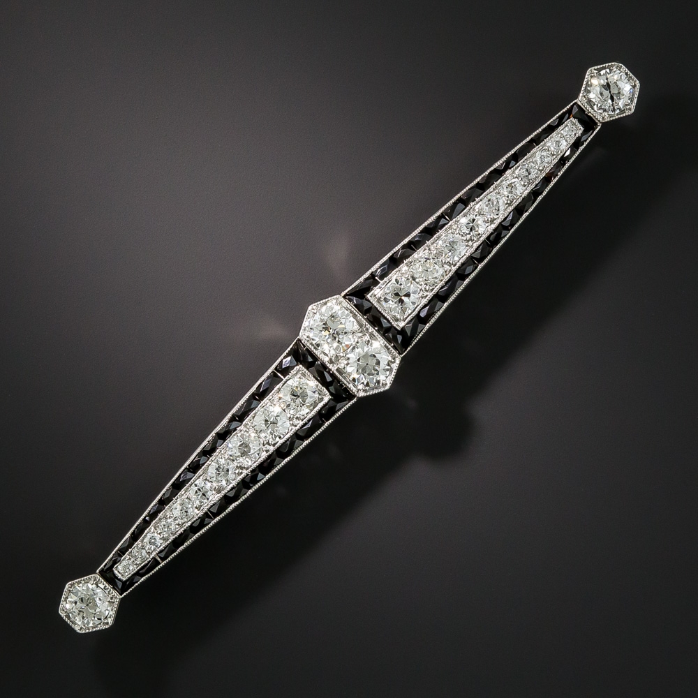 Art Deco Diamond and Calibre Onyx Bar Pin