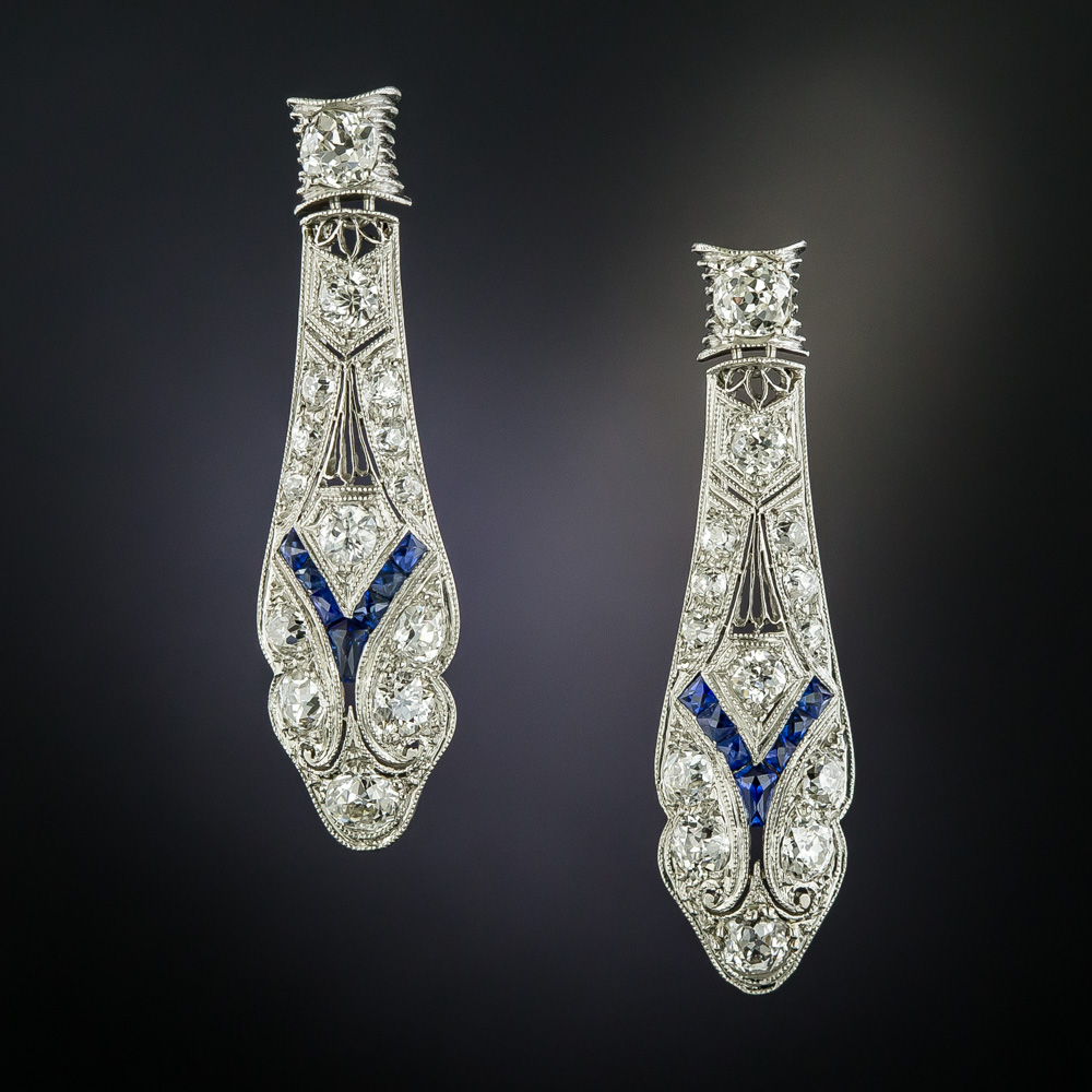 Art Deco Diamond and Calibre Sapphire Drop Earrings