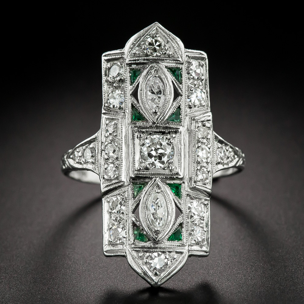 Art Deco Diamond and Emerald-Green Glass Dinner Ring