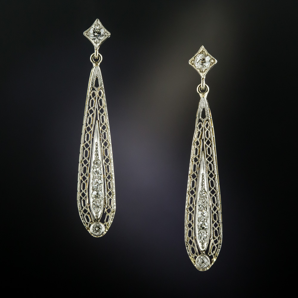 Art Deco Diamond Filigree Drop Earrings