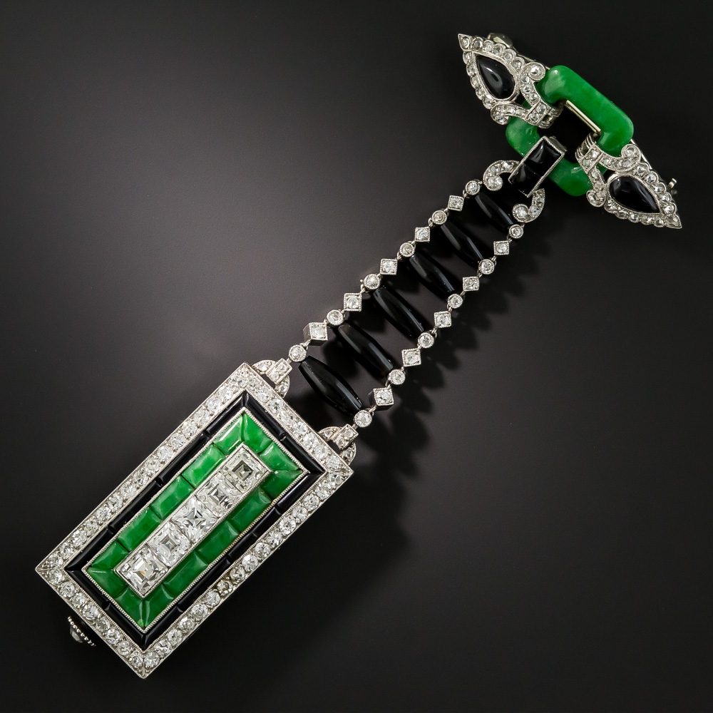 Art Deco Diamond, Jade, and Black Onyx Lapel Watch