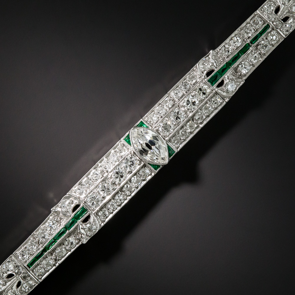 Art Deco Diamond Platinum Green Glass Bracelet