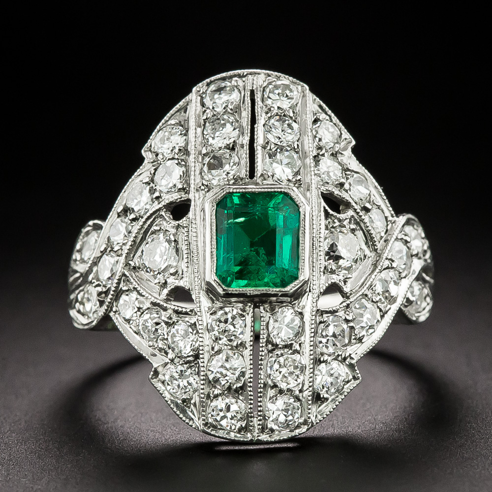 Art Deco Emerald and Diamond Dinner Ring