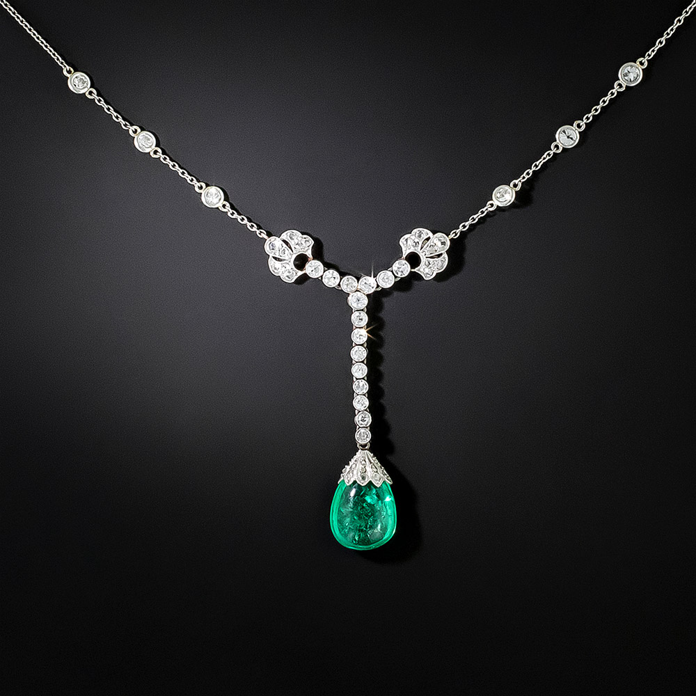 Art Deco Emerald Cabochon And Diamond Necklace