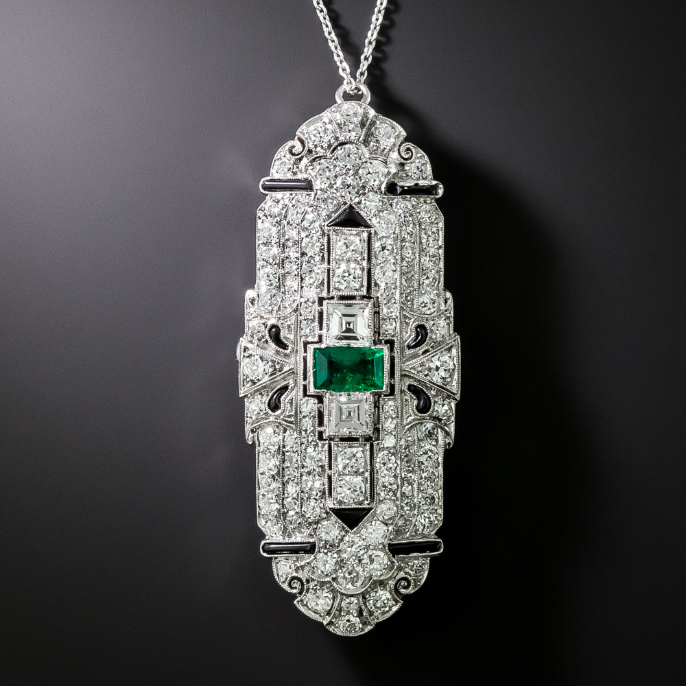 Art Deco Emerald, Diamond and Onyx Pendant/Brooch