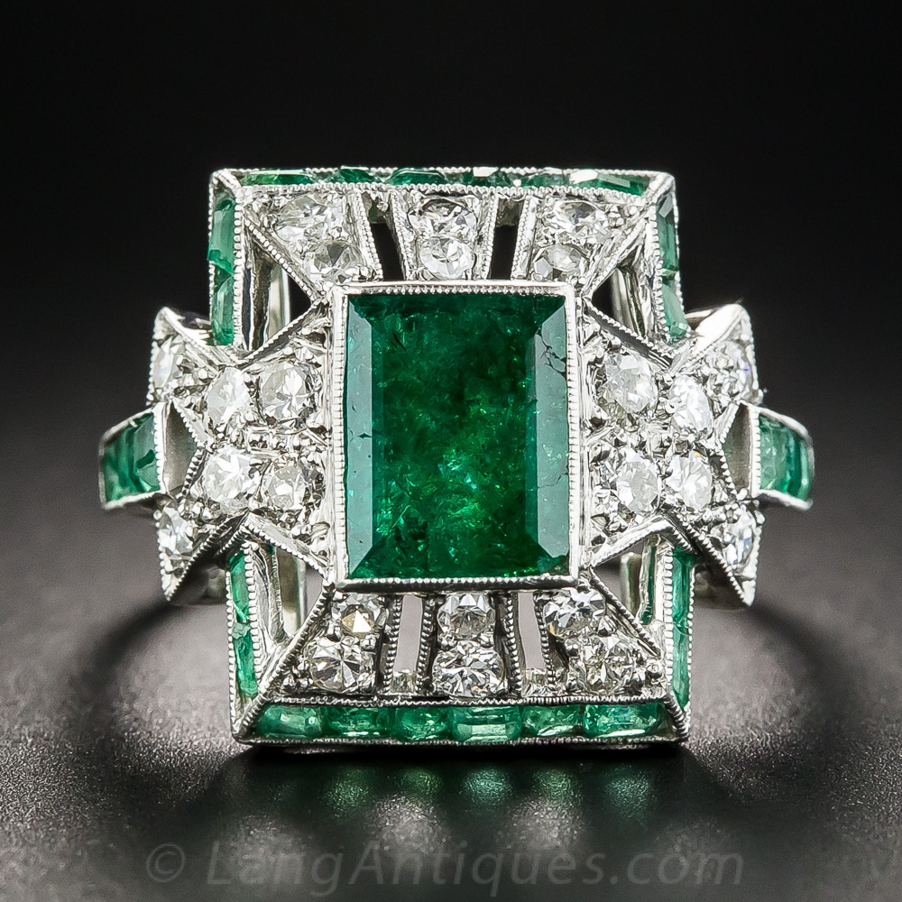 Art Deco Emerald Platinum and Diamond Ring