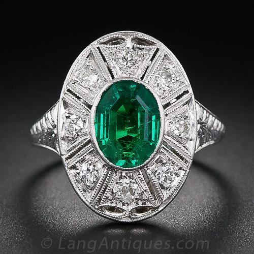 Art Deco Emerald, Platinum and Diamond Ring