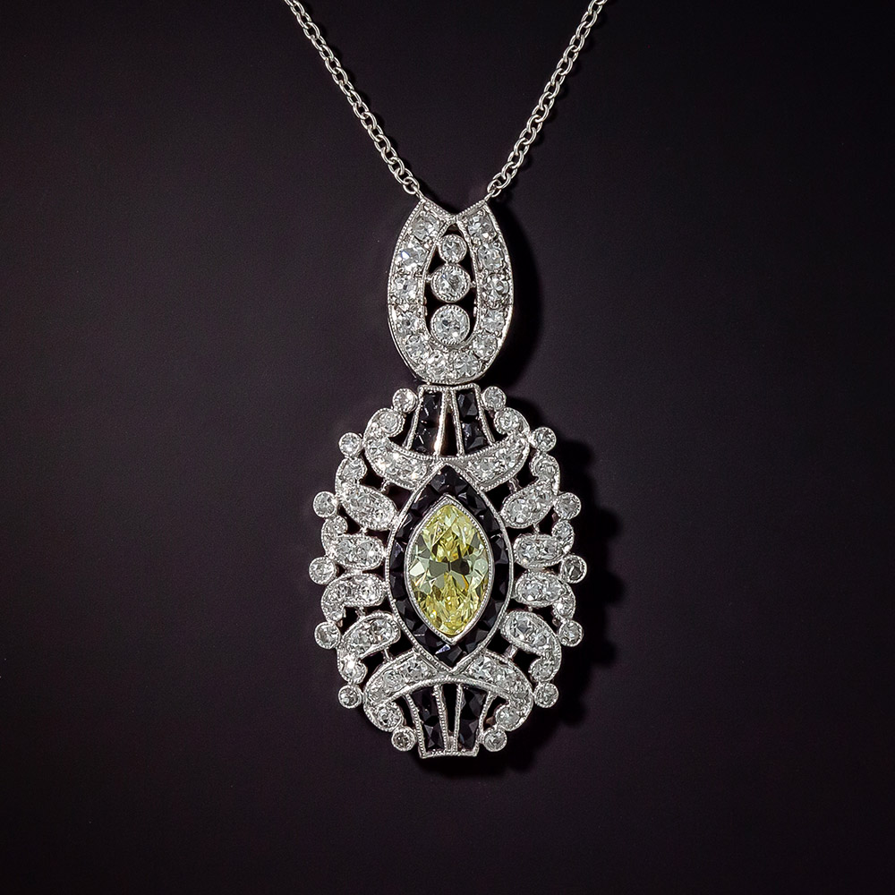Art Deco Fancy Yellow Diamond and Onyx Pendant