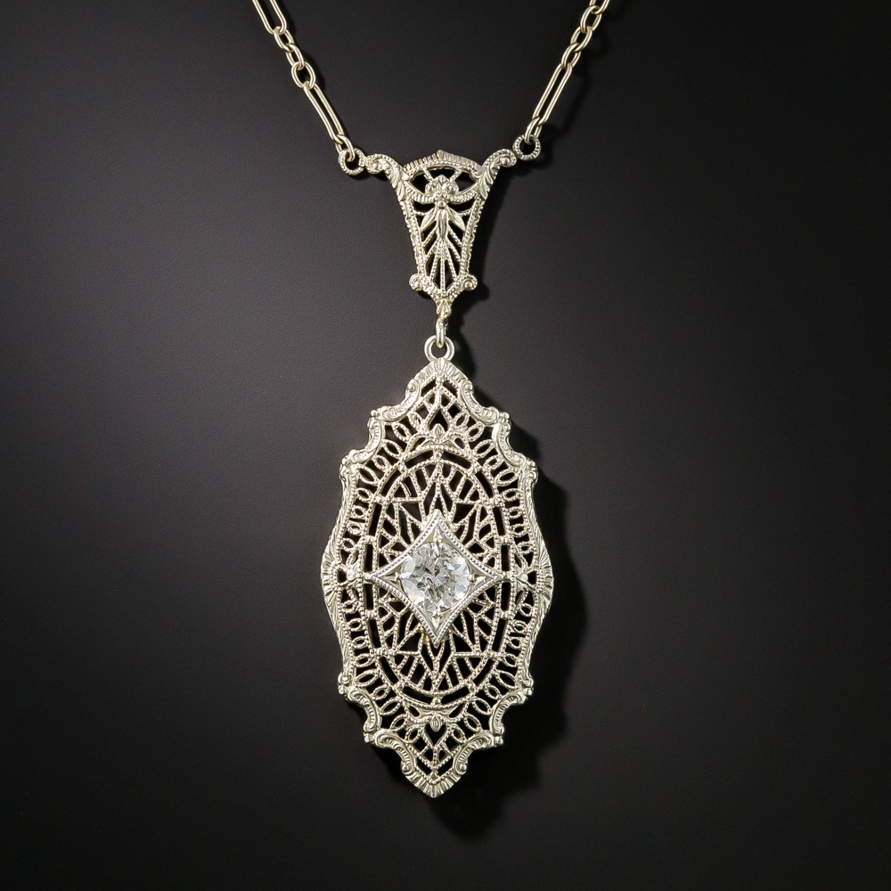 Vintage Engagement Pendant Victorian Filigree Pendant 14k Gold Over 2 Ct Diamond 