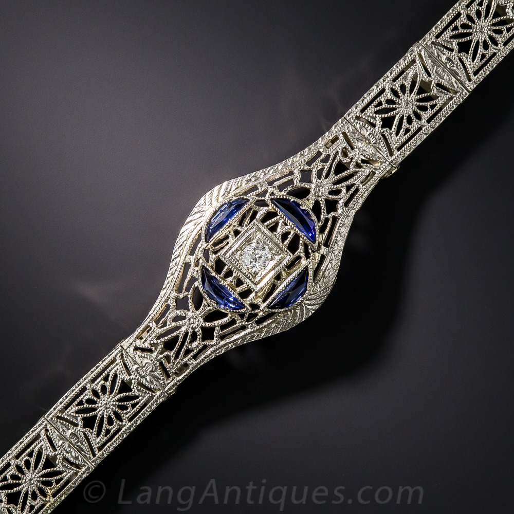 Art Deco Filigree Synthetic Sapphire and Diamond Bracelet