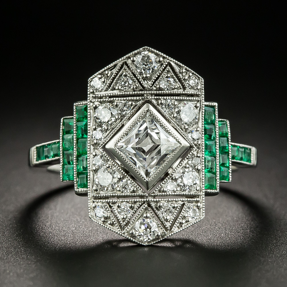 Art Deco French Cut Diamond and Emerald Dinner Ring