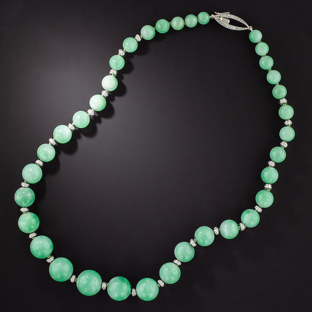 Art Deco Jade Bead and Diamond Rondelle Necklace