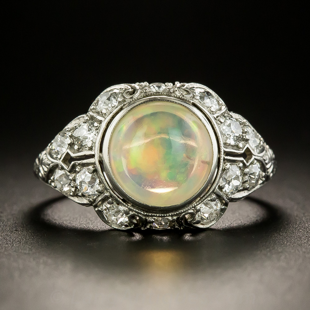 Art Deco Jelly Opal and Diamond Ring