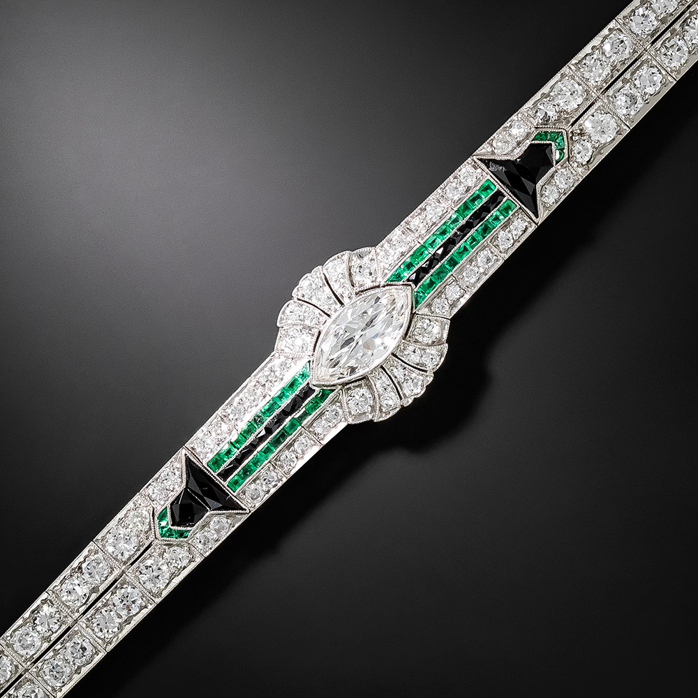 Art Deco Marquise Diamond, Emerald and Onyx Bracelet