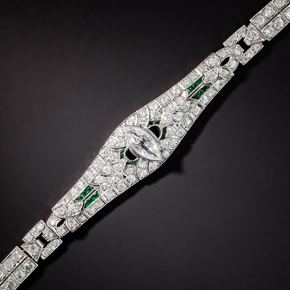 Art Deco Marquise Diamond, Green Glass and Onyx Bracelet