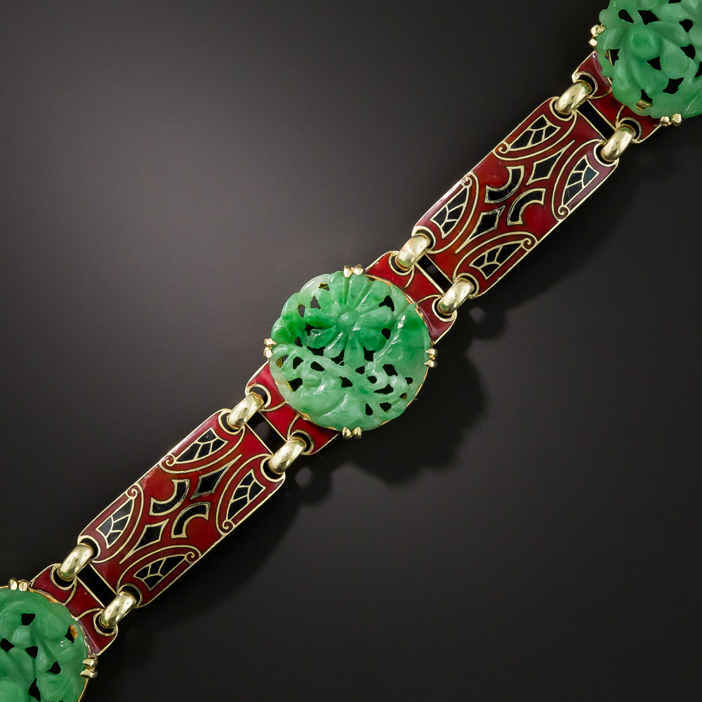 Art Deco Natural Carved Burmese Jade and Enamel Bracelet Antique