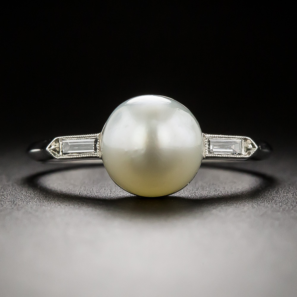 Art Deco Natural Pearl and Baguette Diamond Ring